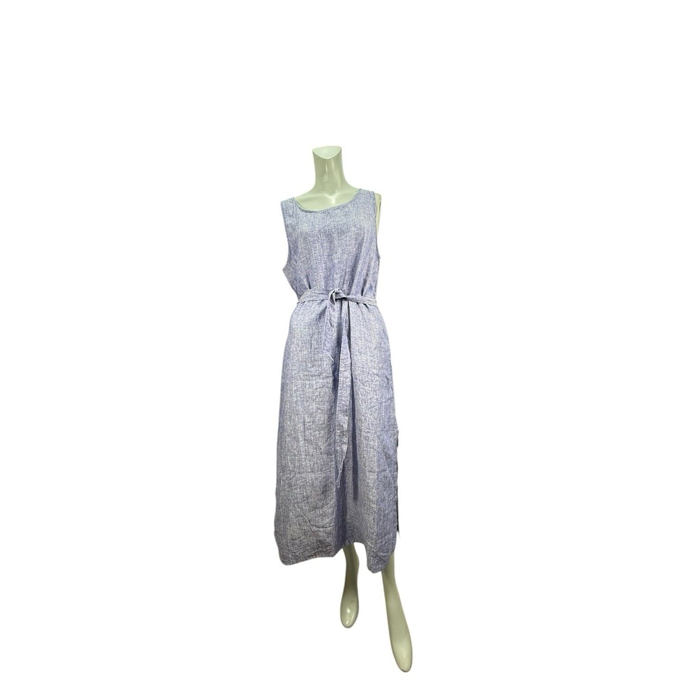 Women's Nicole Miller New York L sleeveless blue 100% linen Maxi dress Pockets‎